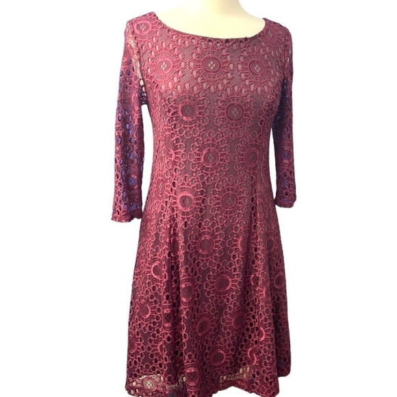 ModCloth Dress Cranberry Burgundy Floral Lace Overlay Lined Long Sleeves - Picture 6 of 11